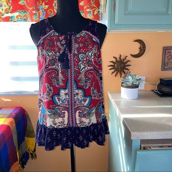 Bila jessica mixed paisley- boho V neck tassel top high low hem size Med - Picture 2 of 13